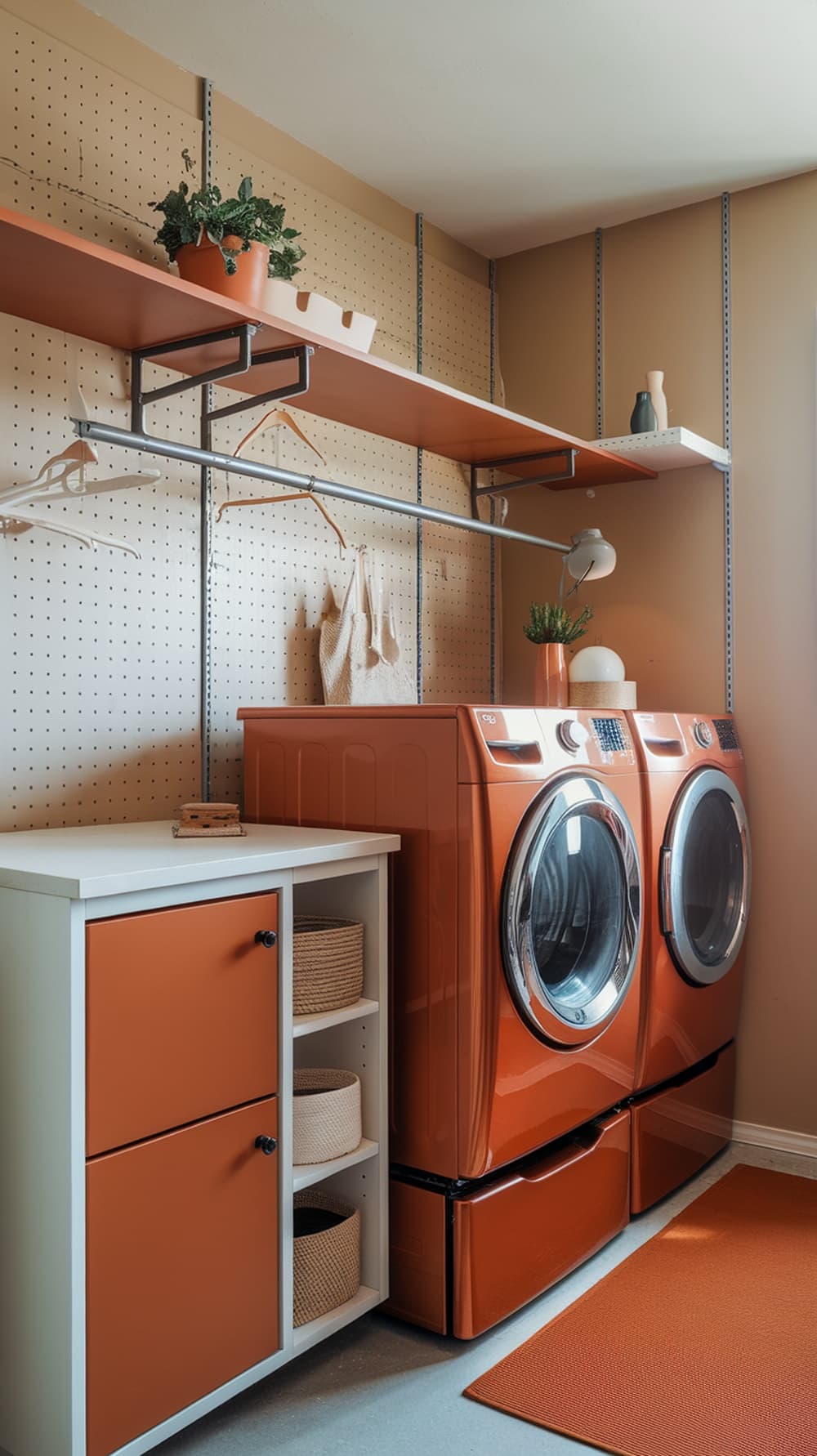 A modern laundry room featuring rust orange appliances, shelves, and organized storage solutions.