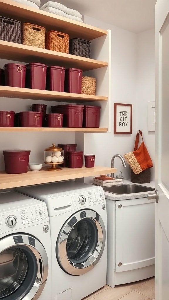 A stylish laundry room featuring open shelving with burgundy storage bins, woven baskets, and neatly stacked towels.