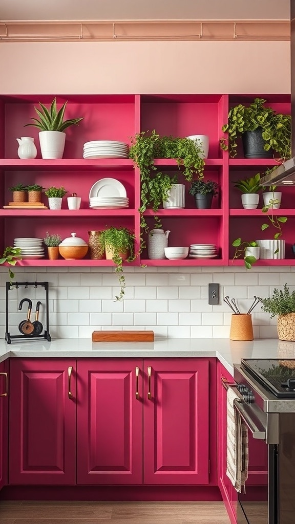 A vibrant dark pink kitchen featuring open shelving filled with plants and dishware.