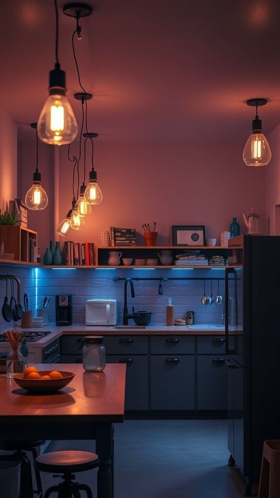 A cozy kitchen with warm hanging bulbs and indigo accents.