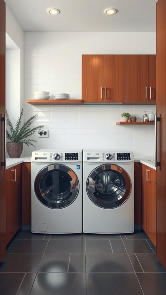 A modern laundry room featuring integrated white appliances, warm burnt sienna cabinets, and bright lighting.
