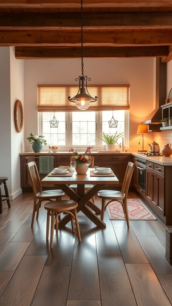 Cozy dining area with wooden table and chairs, warm lighting, and natural decor