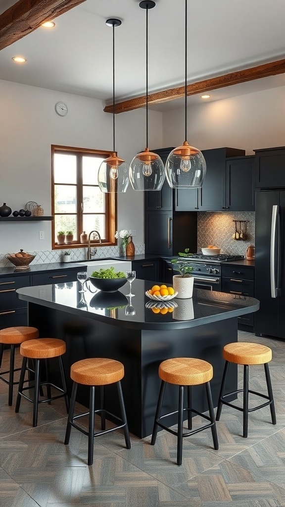 A modern black kitchen island with wooden bar stools and stylish pendant lights.
