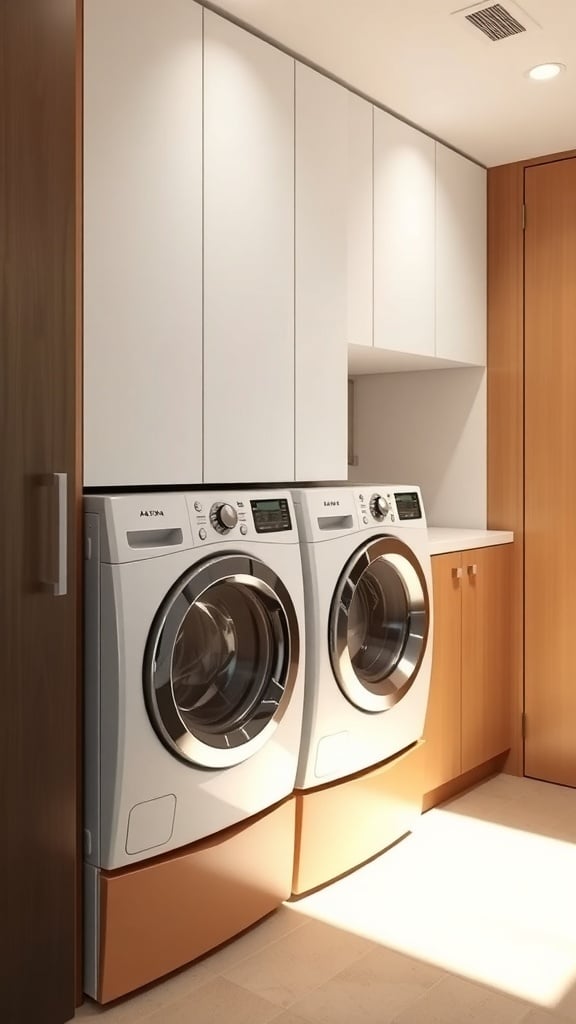 A modern laundry room featuring integrated appliances with caramel cabinetry.
