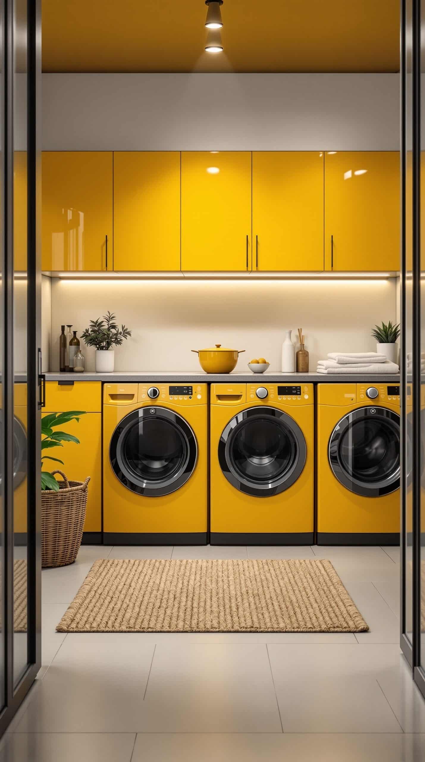 A modern laundry room featuring mustard yellow appliances and cabinets, with a cozy rug and plants.
