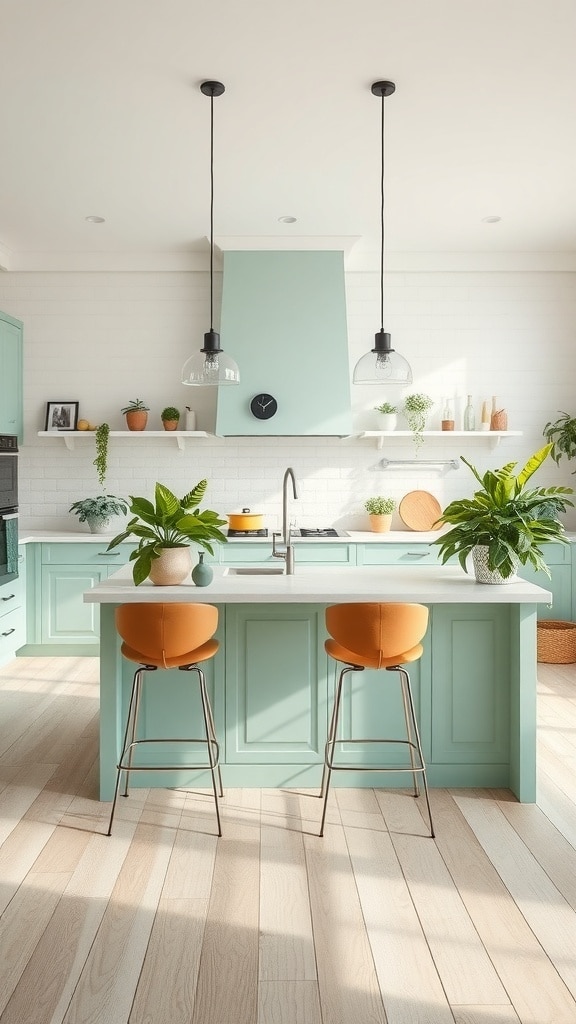 Mint green kitchen island with orange bar stools and plants