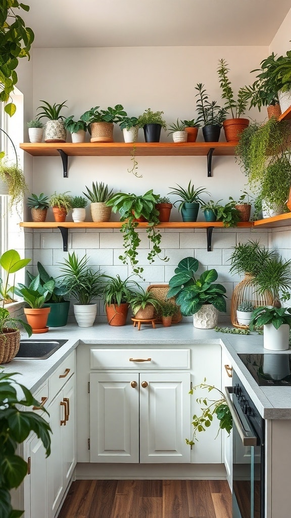 A bright kitchen corner filled with various air-purifying plants on shelves and countertops.
