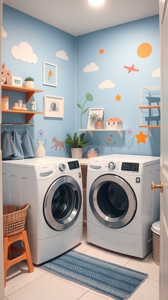 A laundry room featuring artistic blue wall murals with clouds, stars, and playful designs.