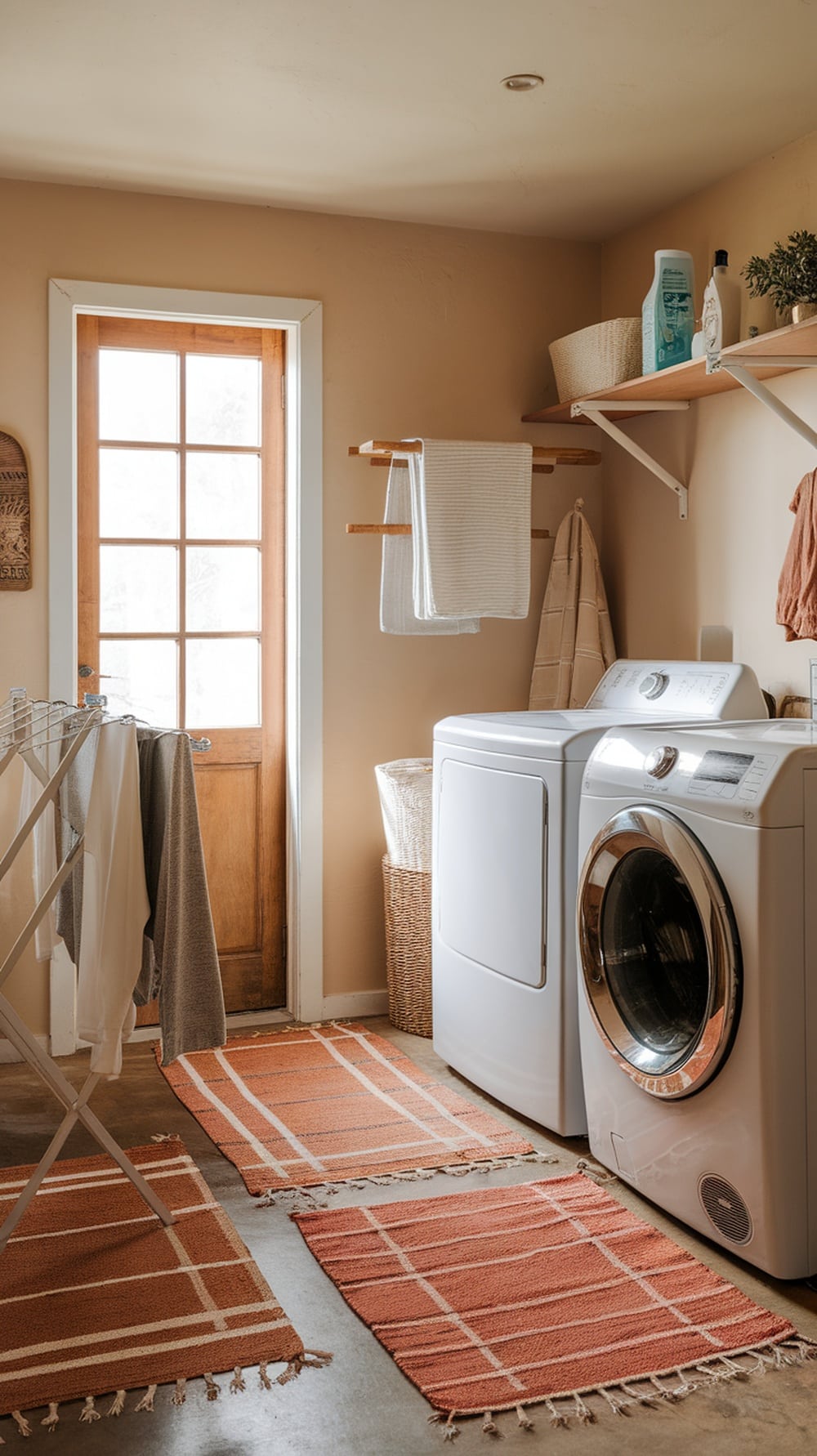 A cozy laundry room featuring terracotta rugs on the floor, with a washing machine, dryer, and natural light coming through a door.