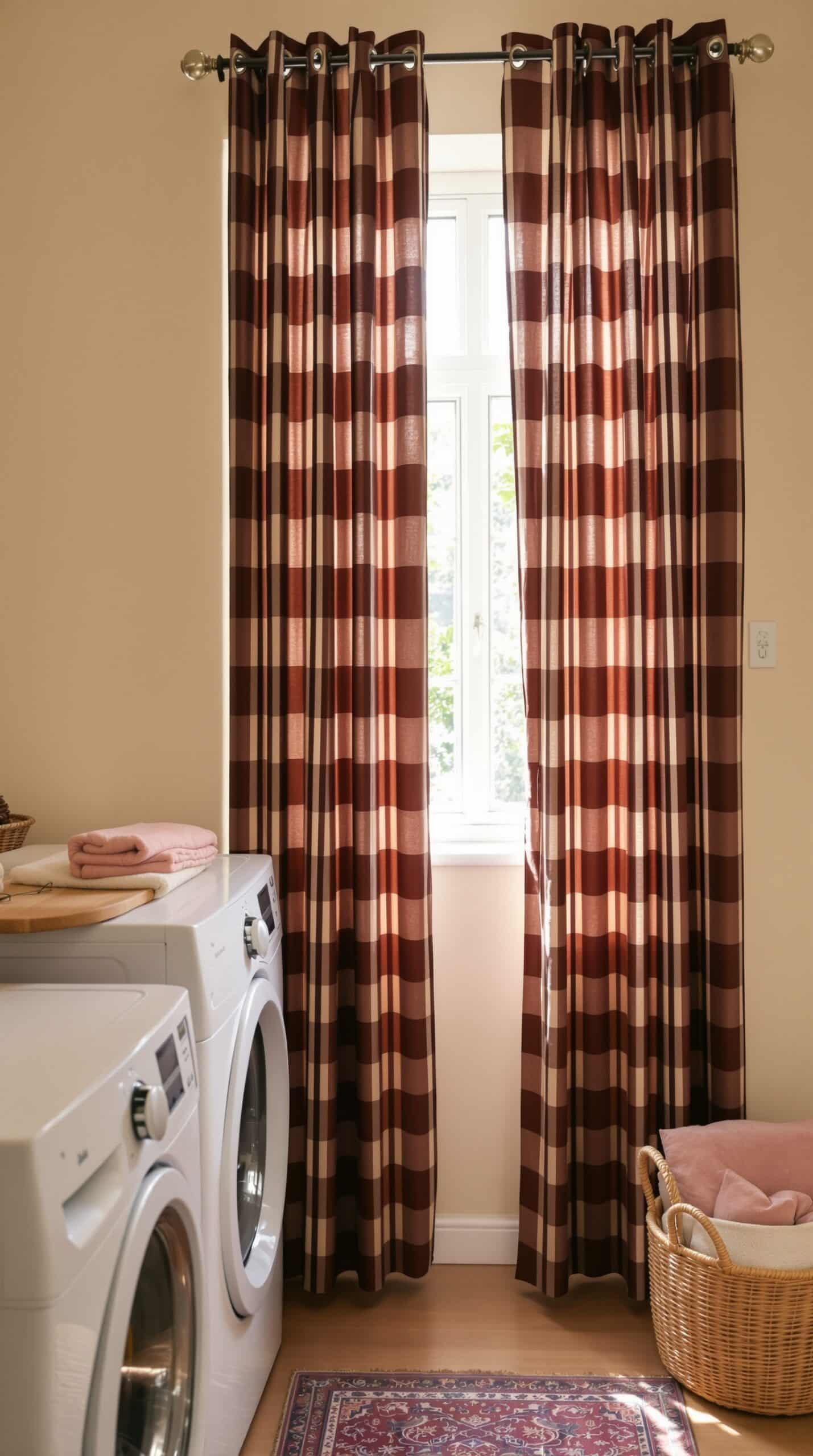 Laundry room with chocolate striped curtains, white washing machines, and a cozy basket.
