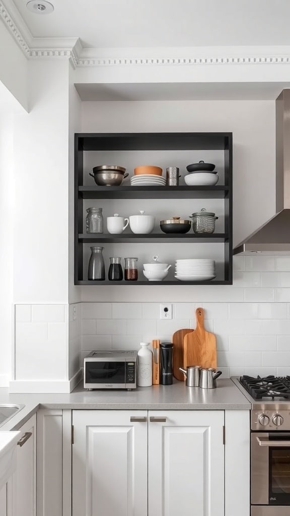 Open shelving in a black and white kitchen displaying various kitchenware.