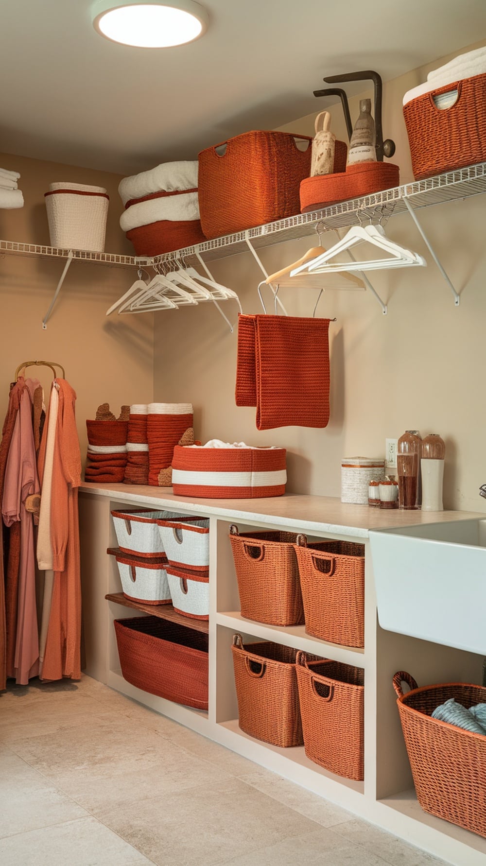 Laundry room with rust orange accent accessories including woven baskets and towels.