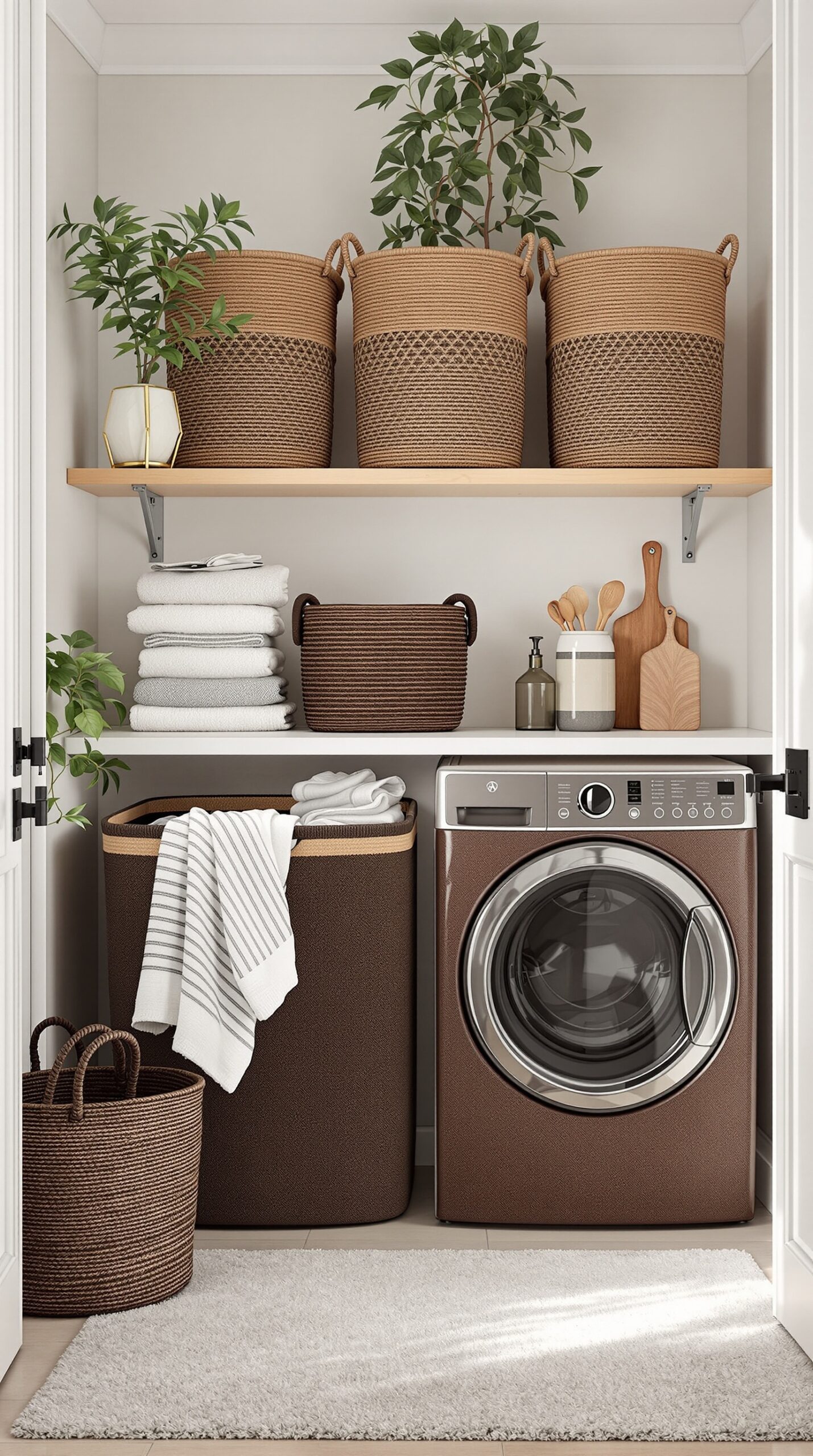 A stylish laundry room featuring chocolate-inspired woven baskets, neatly arranged towels, and a modern washing machine.