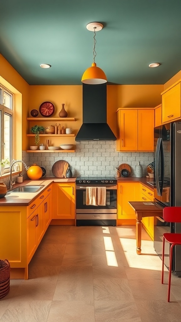 A bright kitchen featuring ochre yellow cabinets, a teal ceiling, and black accents.