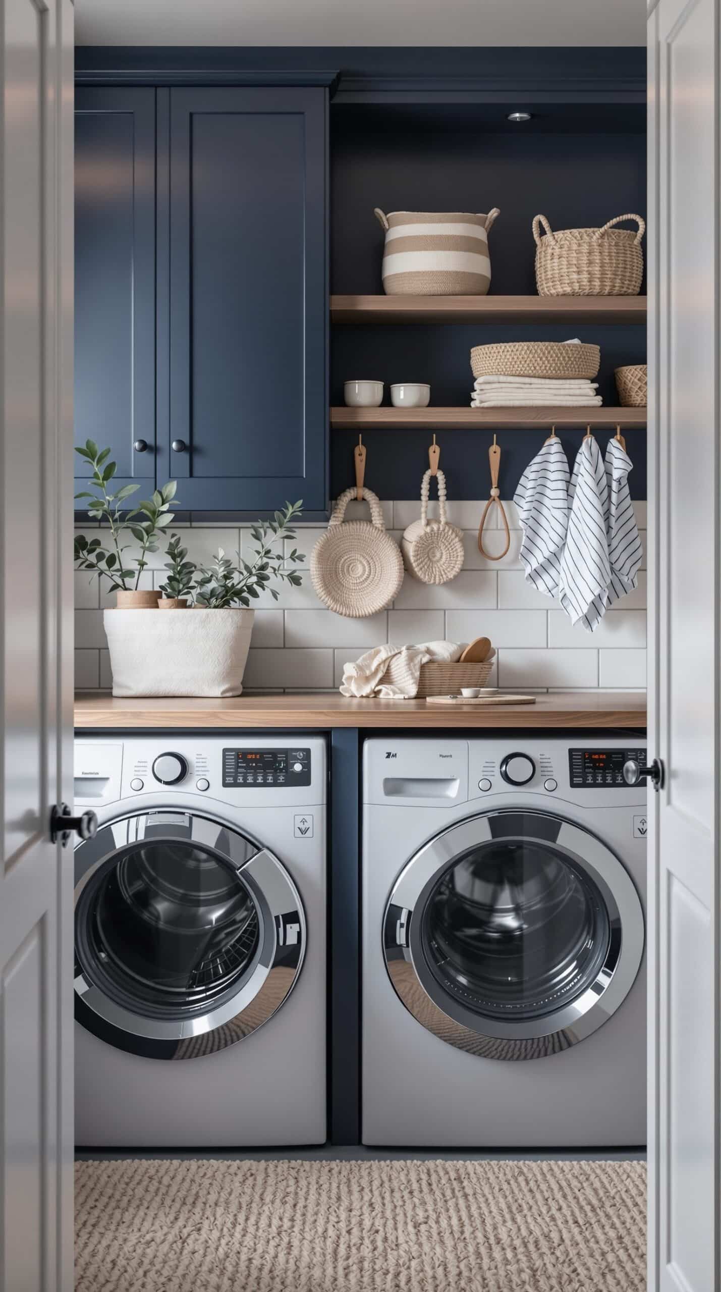Stylish laundry room with indigo cabinetry and natural fiber elements.
