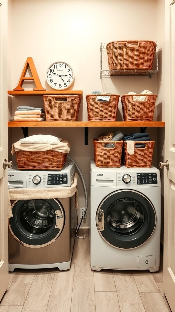 Stylish laundry room with woven baskets on shelves above washing machines