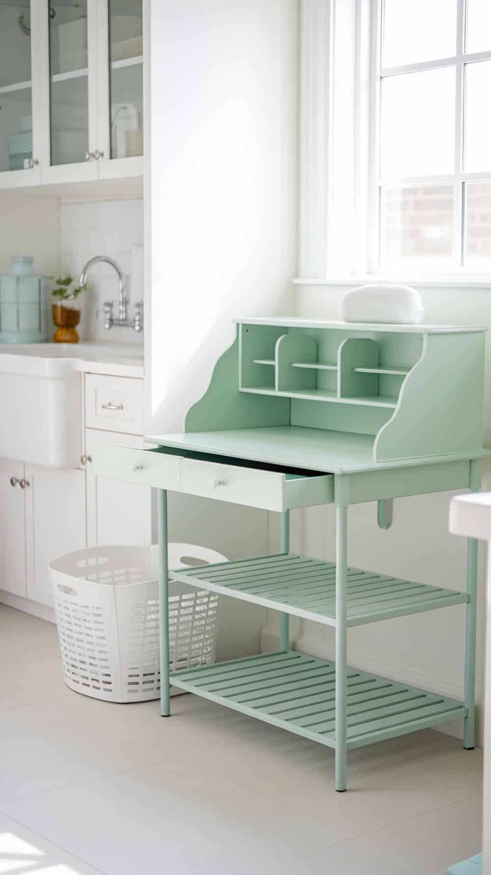 A mint green folding station in a bright laundry room with white cabinets and a laundry basket.