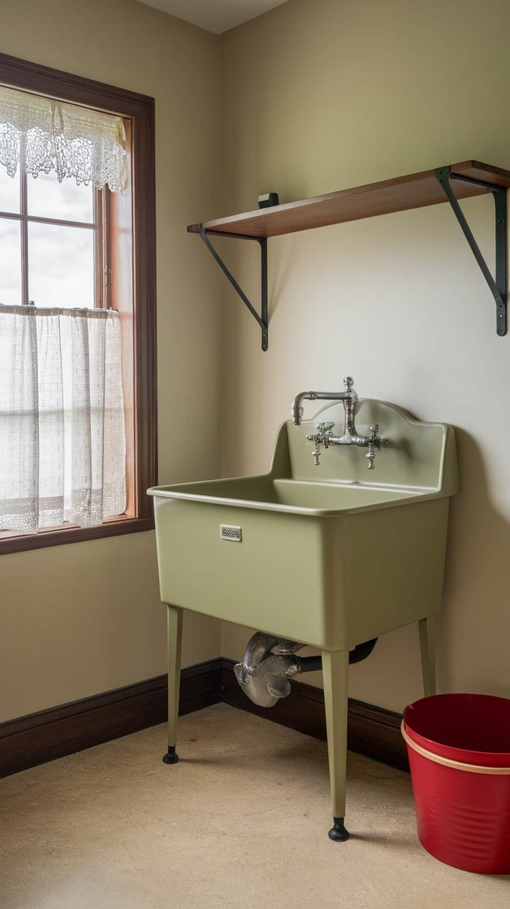 A vintage olive green laundry sink with a wooden shelf above and a red bucket beside it.