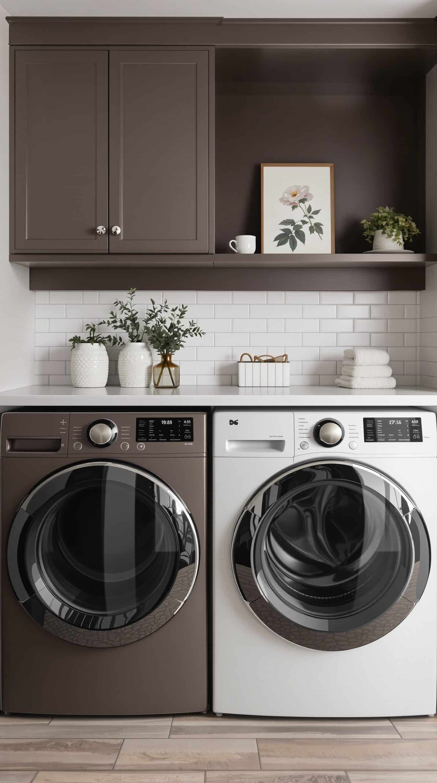 A modern laundry room with dark chocolate cabinetry and white appliances, featuring plants and decorative items.