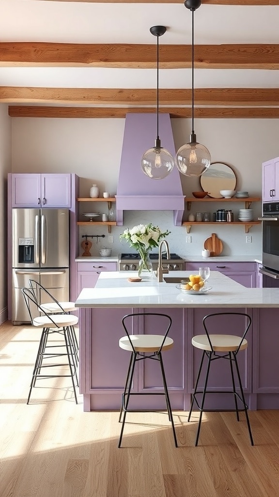 A lavender kitchen island with a white countertop, black bar stools, and wooden beams in the ceiling.