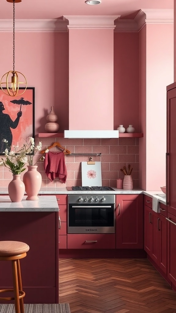 A stylish kitchen with dark pink decor, featuring artistic elements like wall art and decorative vases.
