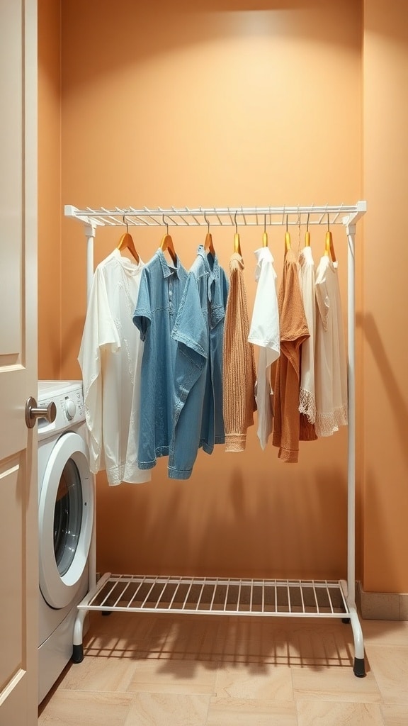 A white drying rack with various garments hanging, next to a washing machine, against caramel-colored walls.