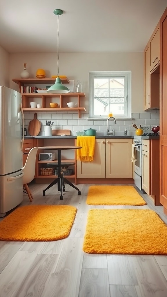 A cozy kitchen featuring mustard yellow rugs on the floor, with a modern design and warm wooden accents.
