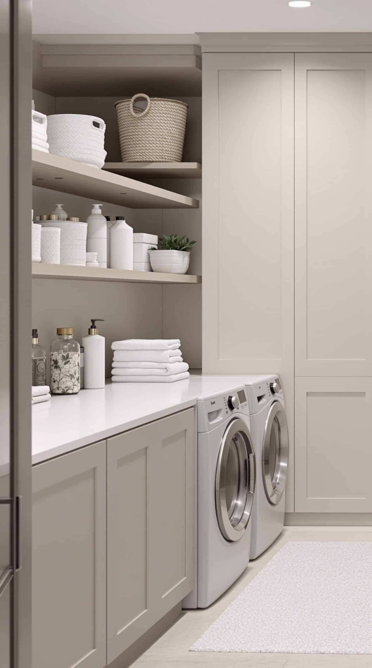 Minimalist greige laundry room with sleek cabinetry and open shelving