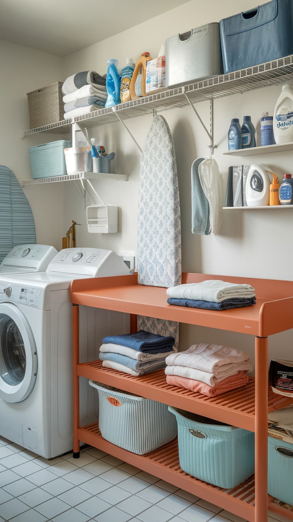 A laundry room featuring a rust orange folding station with neatly stacked towels and organized shelves.