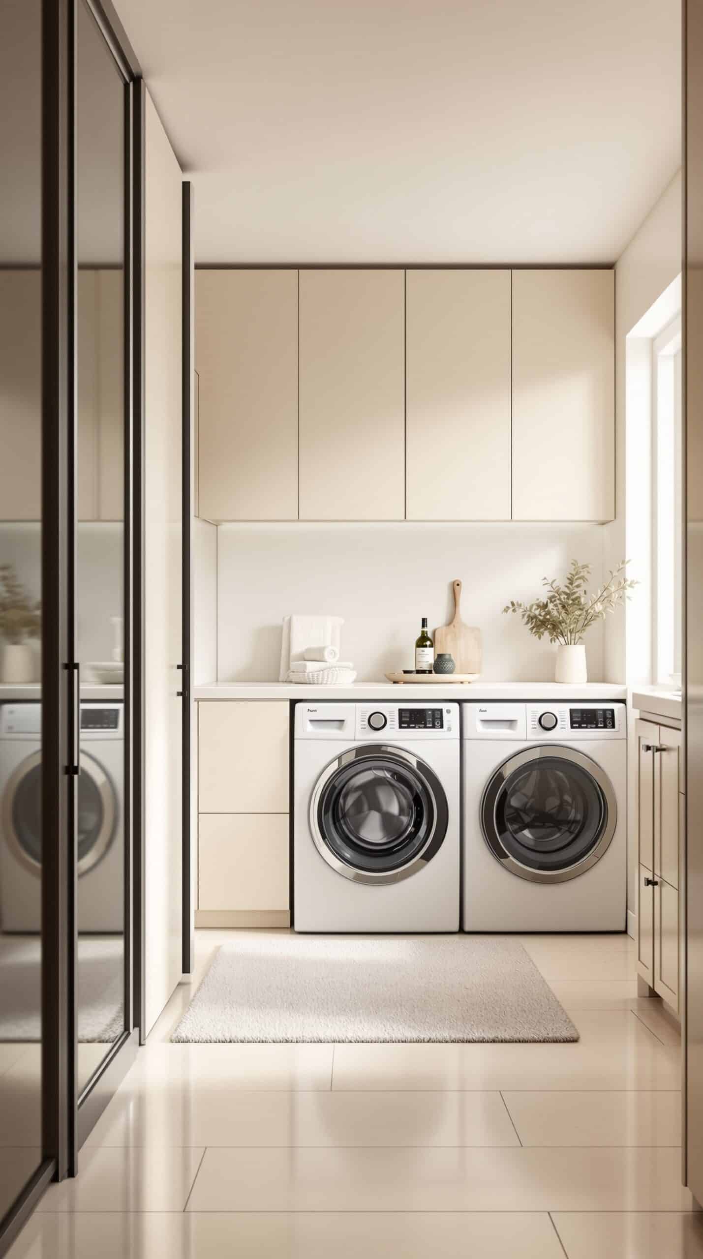 A sleek contemporary laundry room with cream cabinetry, white washing machines, and natural light.