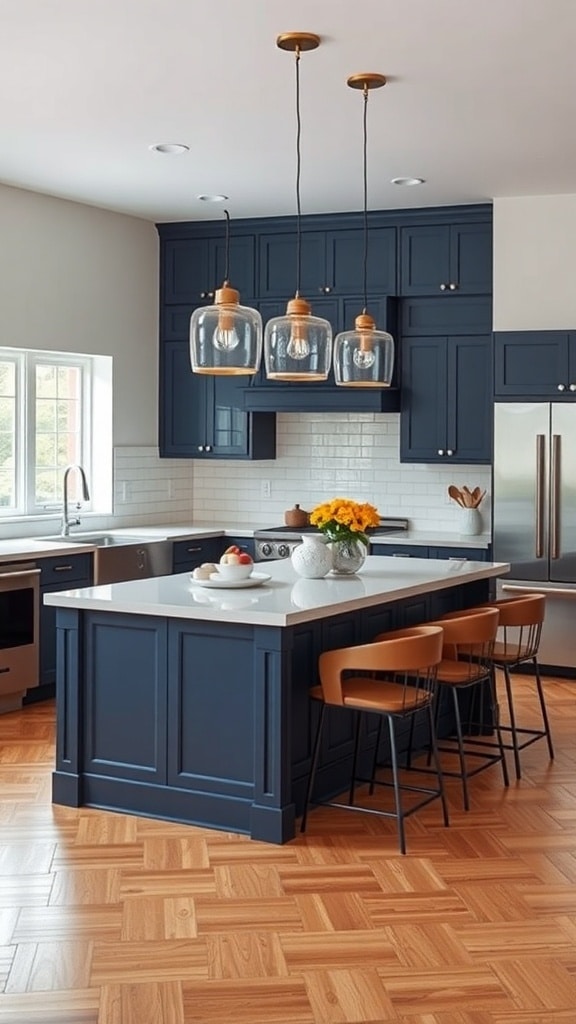 A navy blue kitchen island with pendant lighting above, featuring a modern design and warm wood flooring.