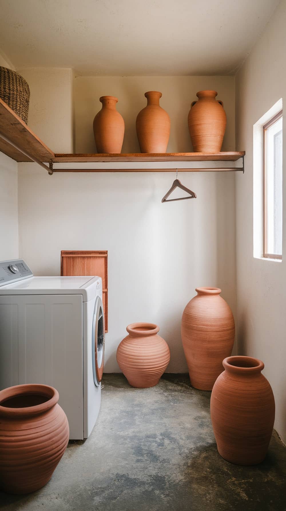 A laundry room featuring terracotta pots on a shelf and the floor, creating a warm and inviting atmosphere.