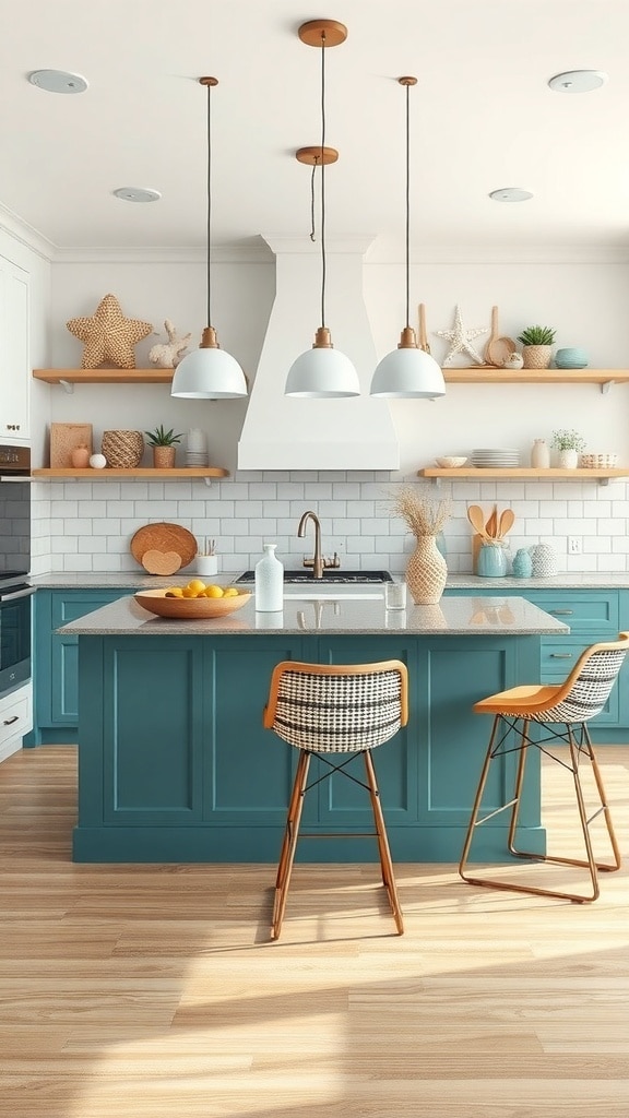 A teal kitchen island with seating, featuring stylish bar stools and pendant lighting.