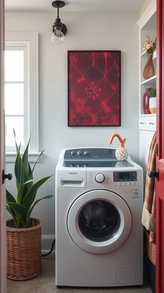 A stylish laundry room featuring burgundy wall art above a washing machine, with a potted plant and decorative items.