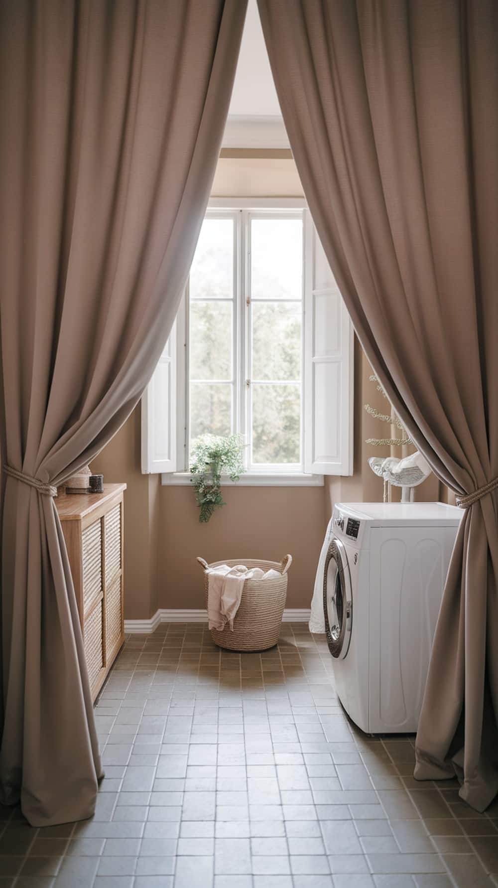 A laundry room featuring chic taupe curtain drapes framing a window, with a white washing machine and a woven basket.