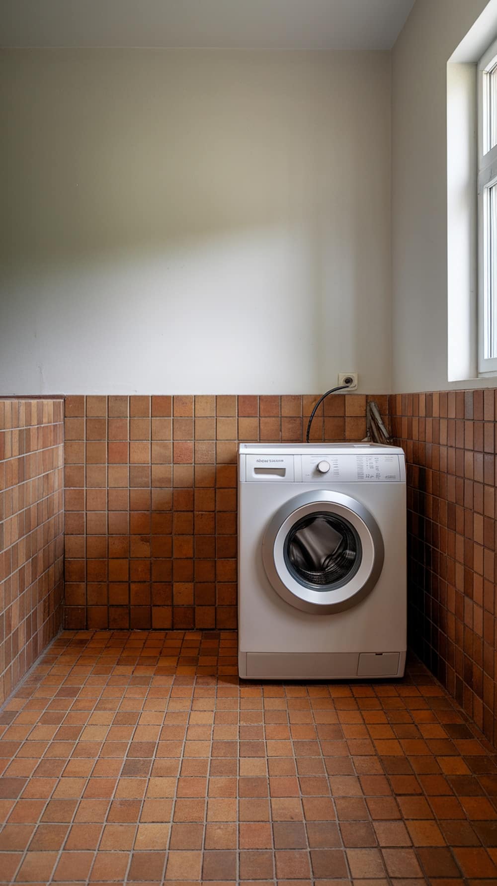 Laundry room with rust orange tile flooring and a washing machine