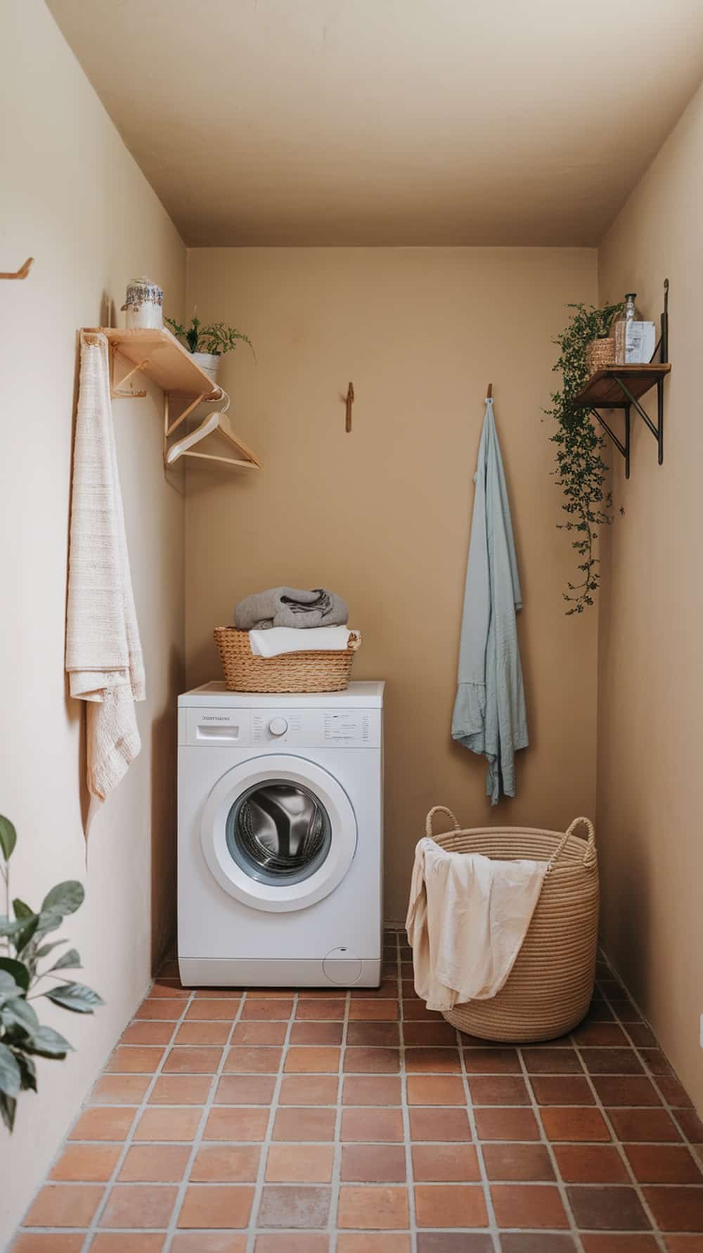 Laundry room featuring terracotta tile floors, a washing machine, and natural decor elements.