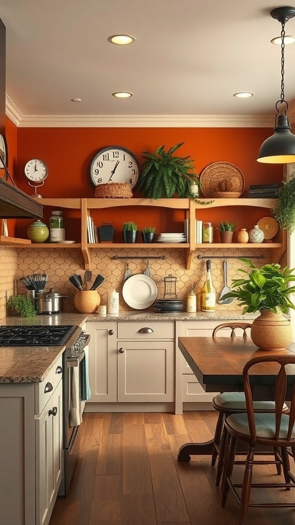 A kitchen featuring a warm burnt sienna accent wall, light cabinetry, and wooden shelves with plants.
