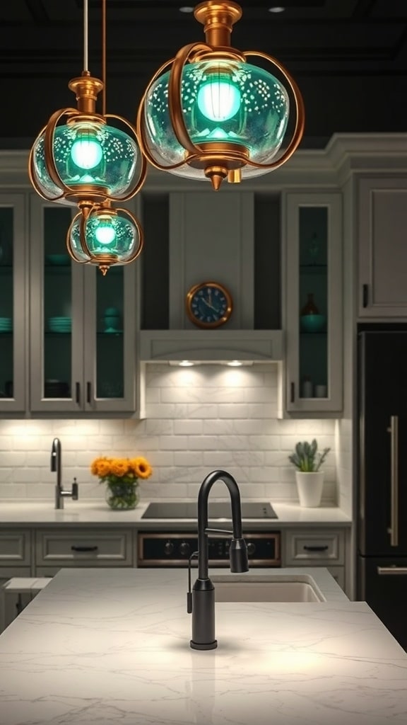 Stylish kitchen with emerald green lighting fixtures and gold accents