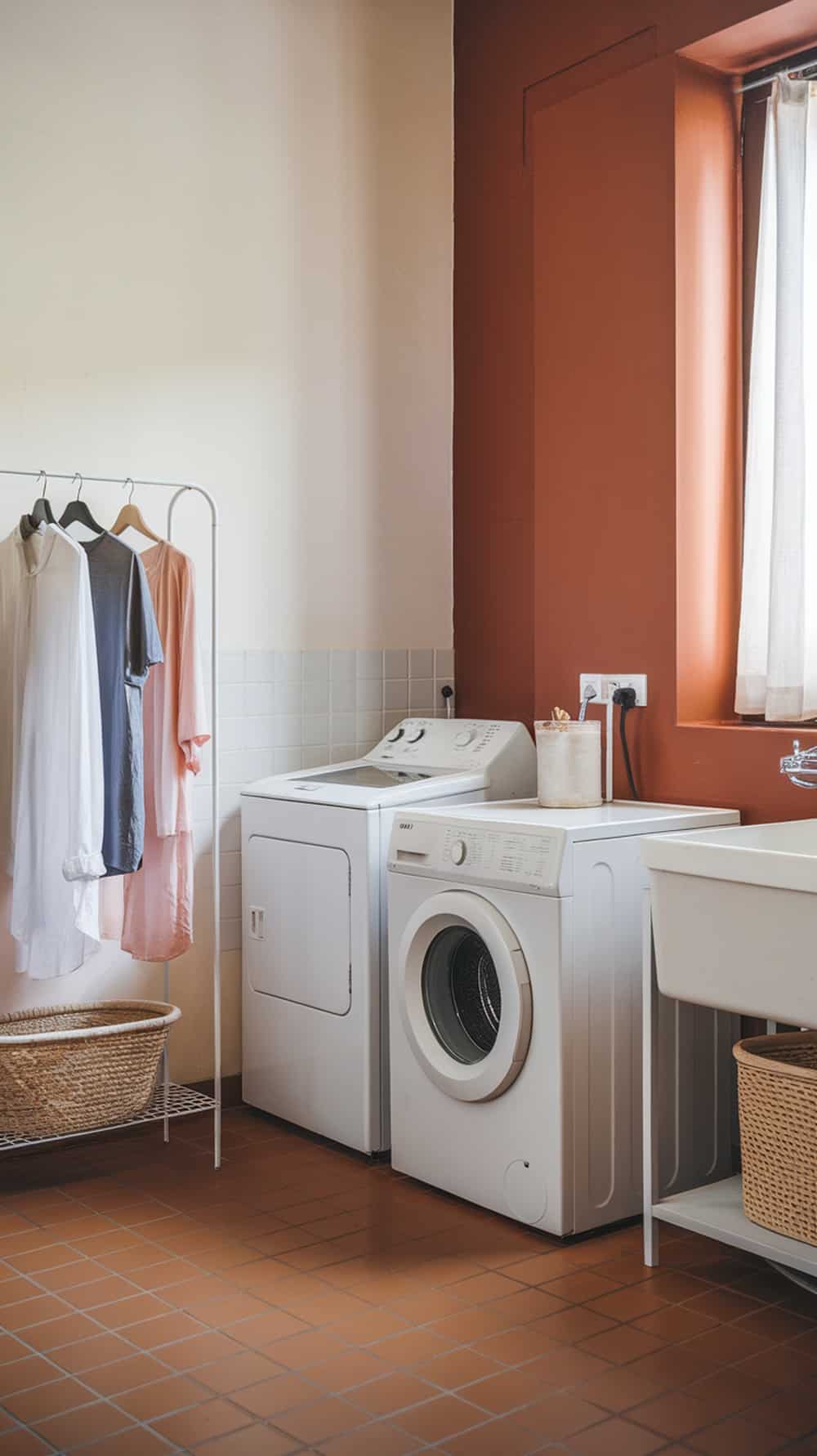 A laundry room featuring terracotta walls and white appliances, with clothing hanging on a rack and a woven basket.