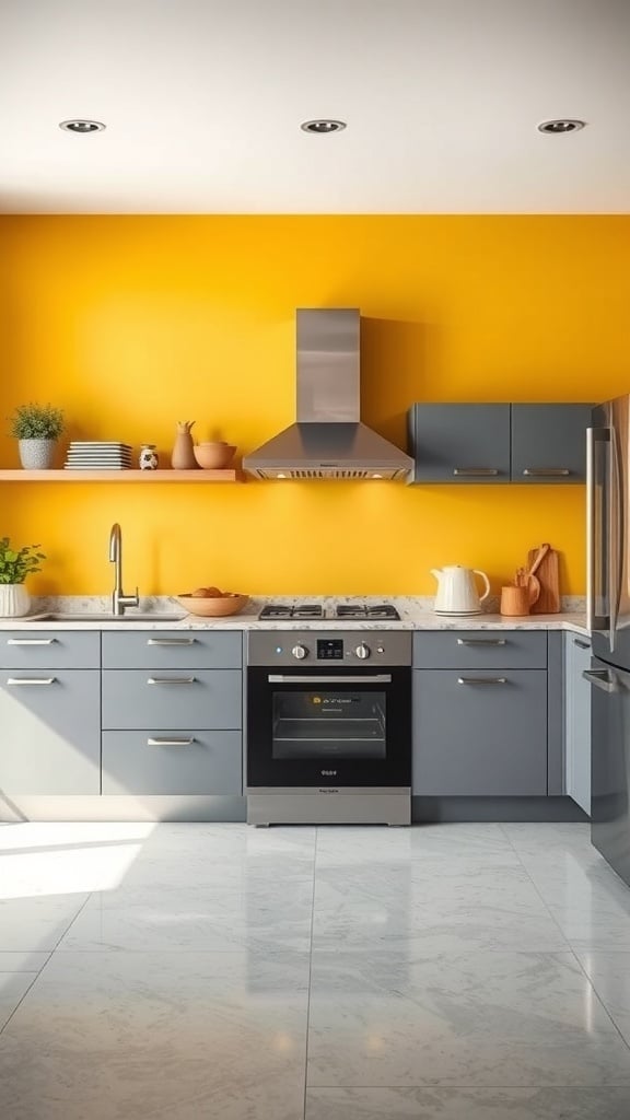 A modern kitchen featuring mustard yellow walls and gray cabinets.
