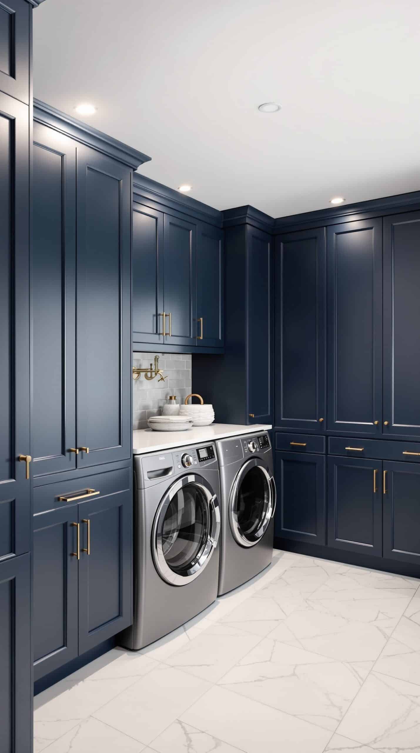 A modern laundry room featuring indigo cabinets with gold hardware, silver appliances, and a light countertop.