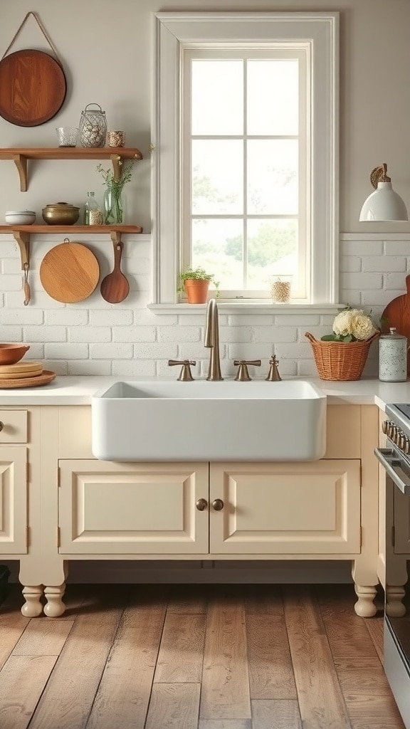 A vintage farmhouse sink in cream color with wooden shelves and natural decor in a kitchen setting.