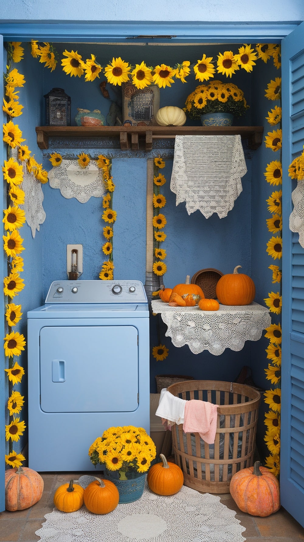 A peacock blue laundry room decorated with sunflowers and pumpkins for fall.
