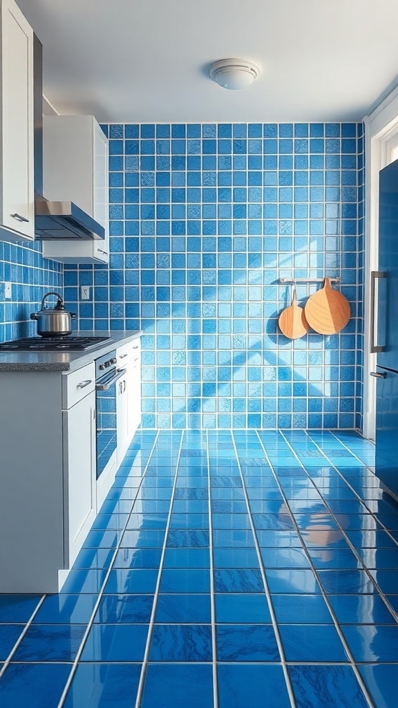 A kitchen with bold blue tile flooring and walls, featuring white cabinets and wooden accents.