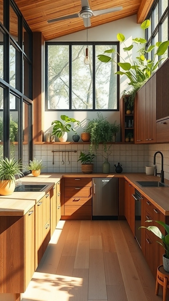 A bright kitchen featuring rich brown wooden cabinets, a large window letting in natural light, and various indoor plants.