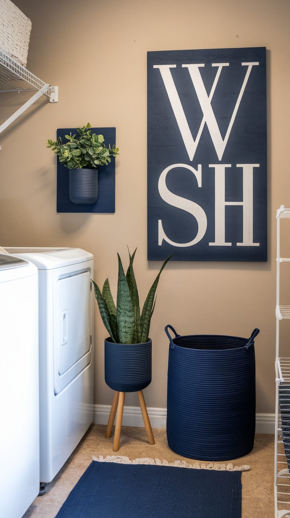 A stylish navy blue laundry room featuring wall art, plants, and storage solutions.