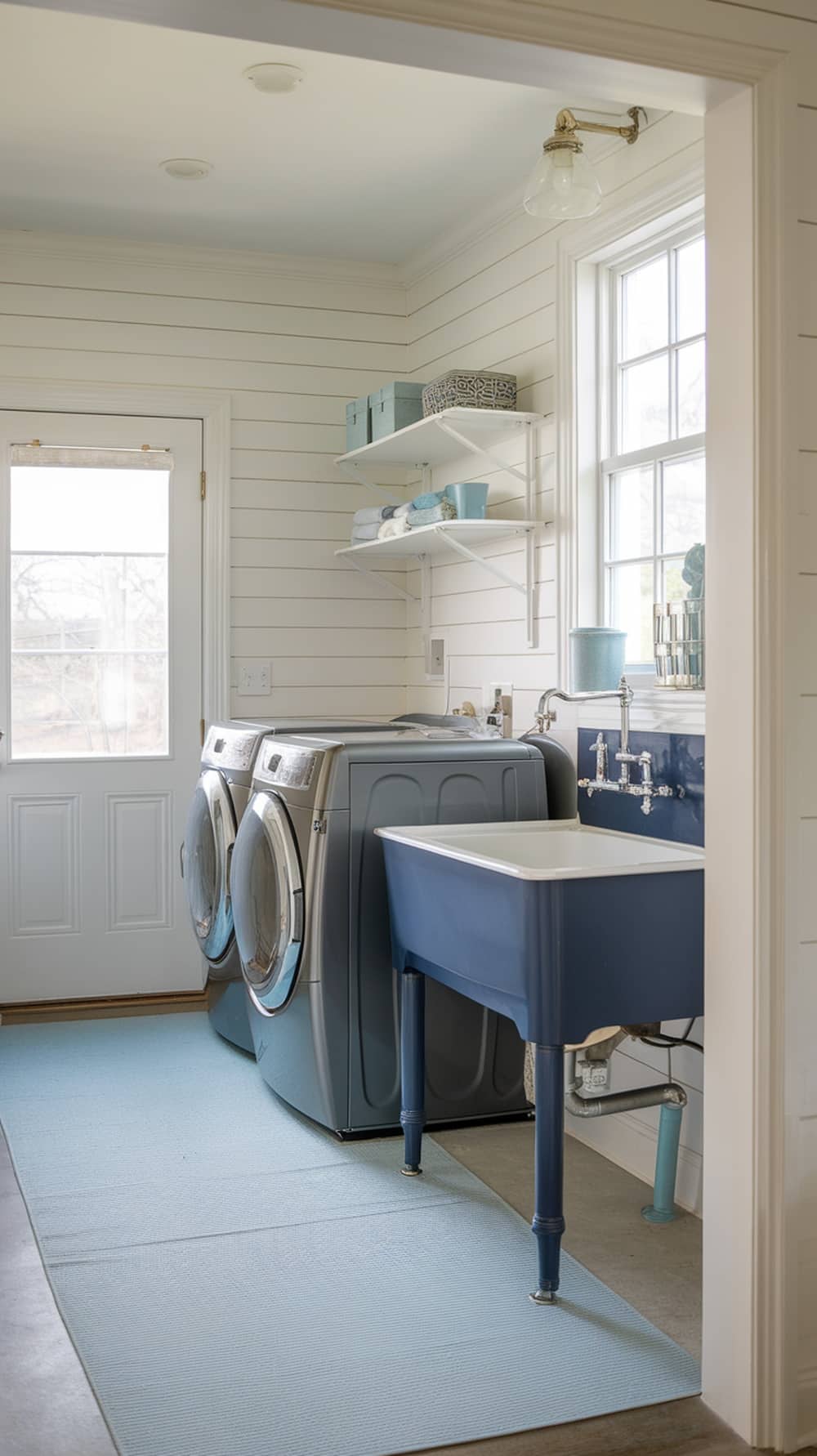 A navy blue utility sink area in a laundry room with a washer, dryer, and shelves
