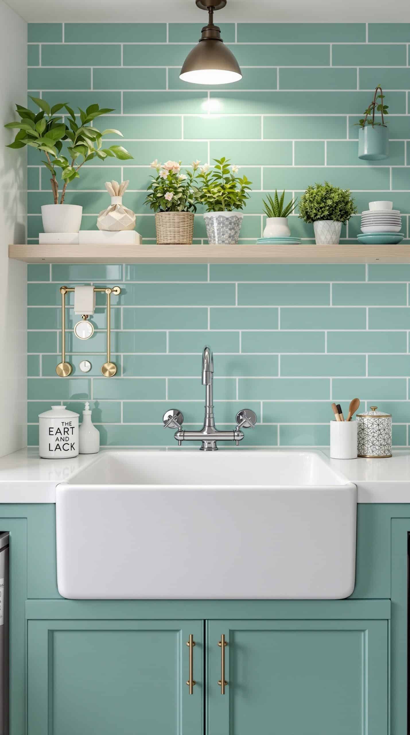 A mint green tiled backsplash in a laundry room with a white farmhouse sink and decorative plants on shelves.
