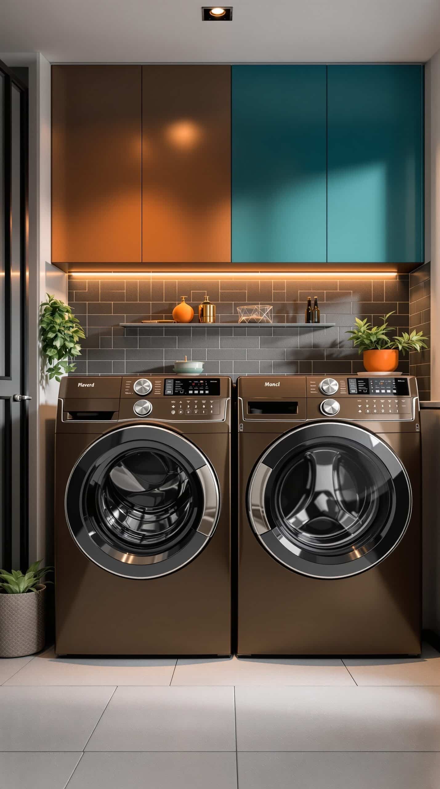 A modern laundry room featuring chocolate brown appliances, teal cabinets, and decorative plants.